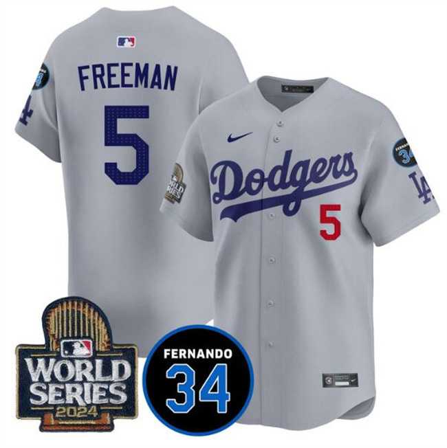 Men%27s Los Angeles Dodgers #5 Freddie Freeman Grey 2024 World Series With Fernando Memorial Patch Limited Stitched Jersey Dzhi->los angeles dodgers->MLB Jersey